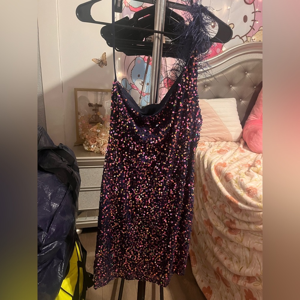 City Vibe Sequin Feather Strap Mini Dress - XL